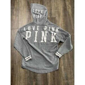 Victoria's Secret PINK Love Pink Slouchy Hoodie Sweatshirt Gray White Logo Sz S
